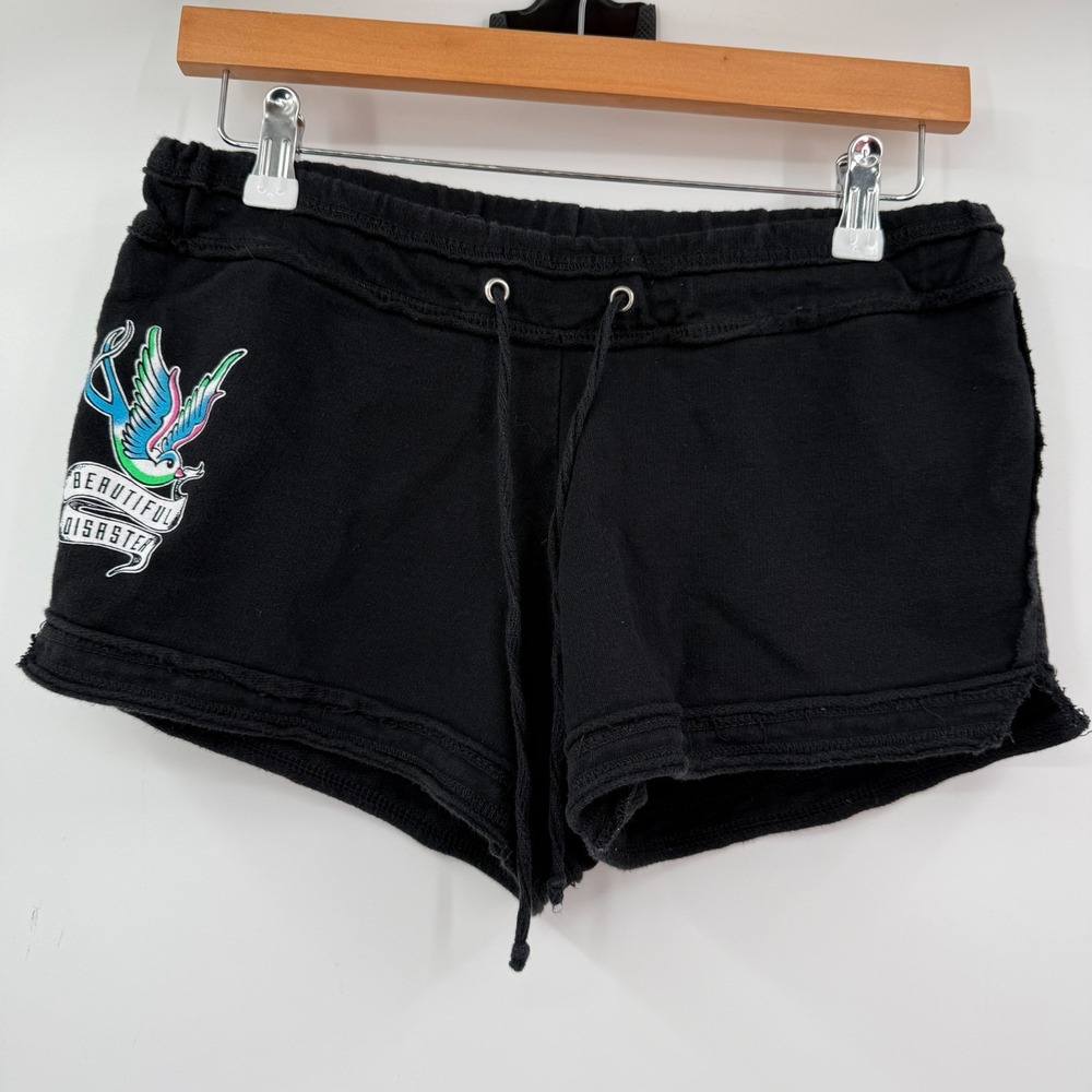 Beautiful Disaster Women's Mini Shorts‎ Large Black Graphic Goth Emo Y2K Lounge